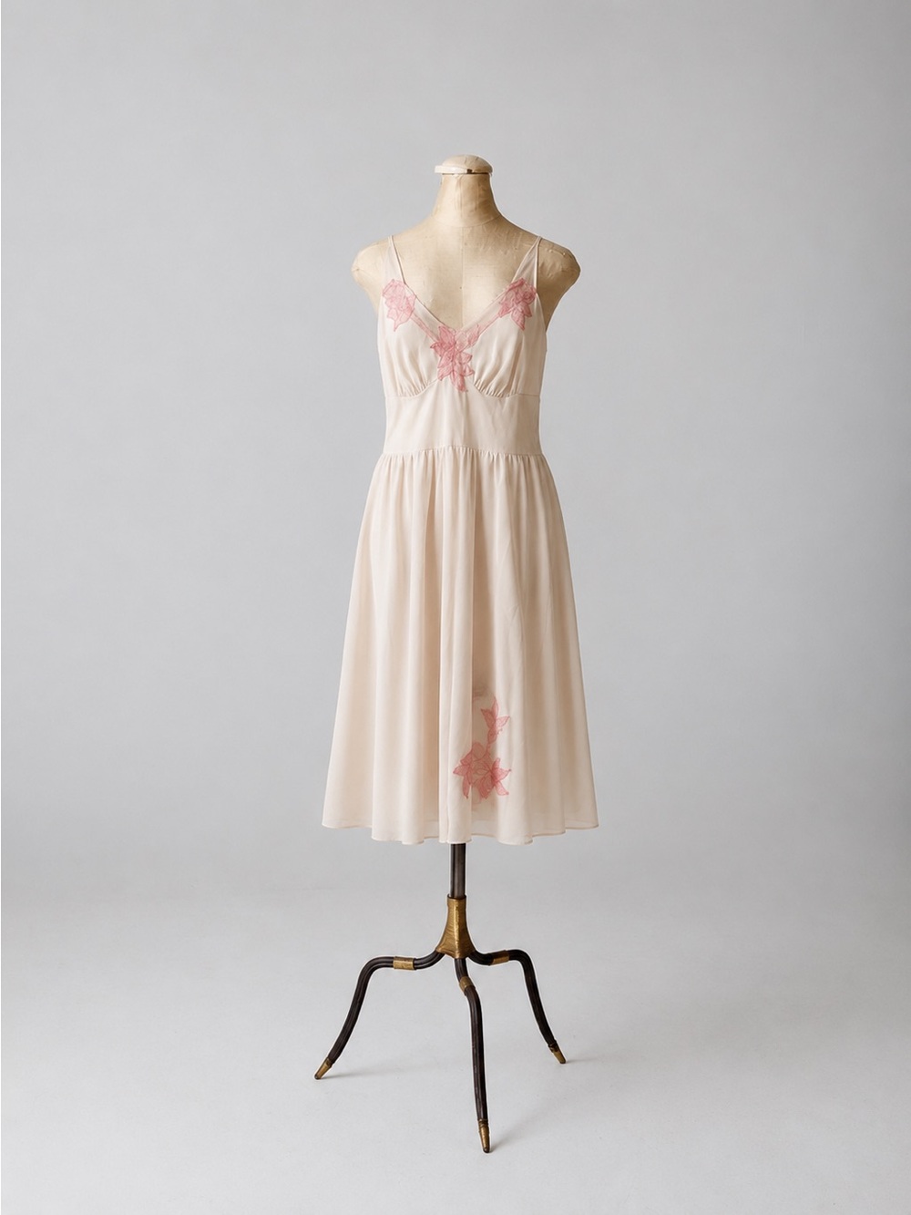 Vintage Sheer Cream Slip Dress with Pink Lace Accents